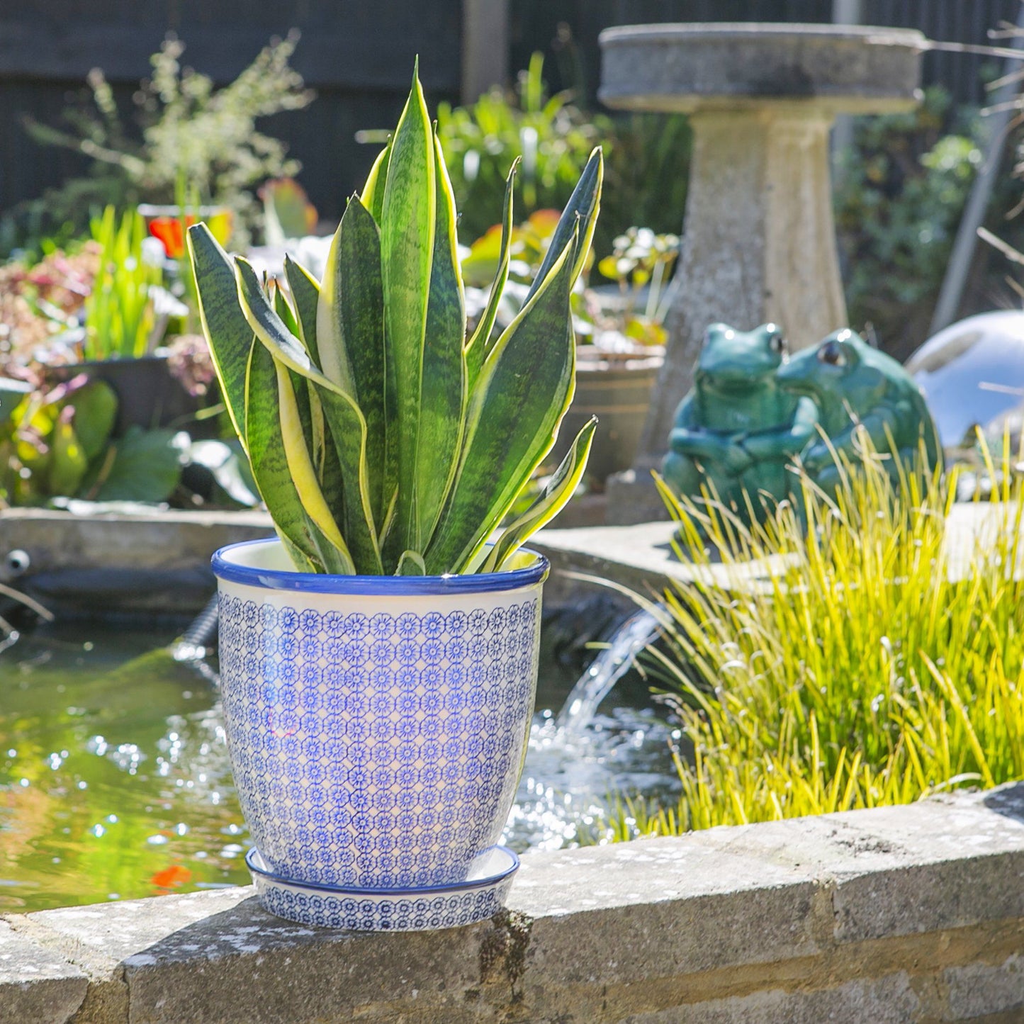 20cm Hand Printed Stoneware Plant Pot with Saucer