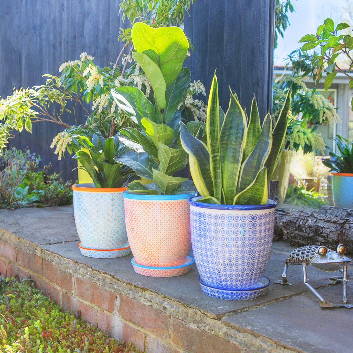 20cm Hand Printed Stoneware Plant Pot with Saucer