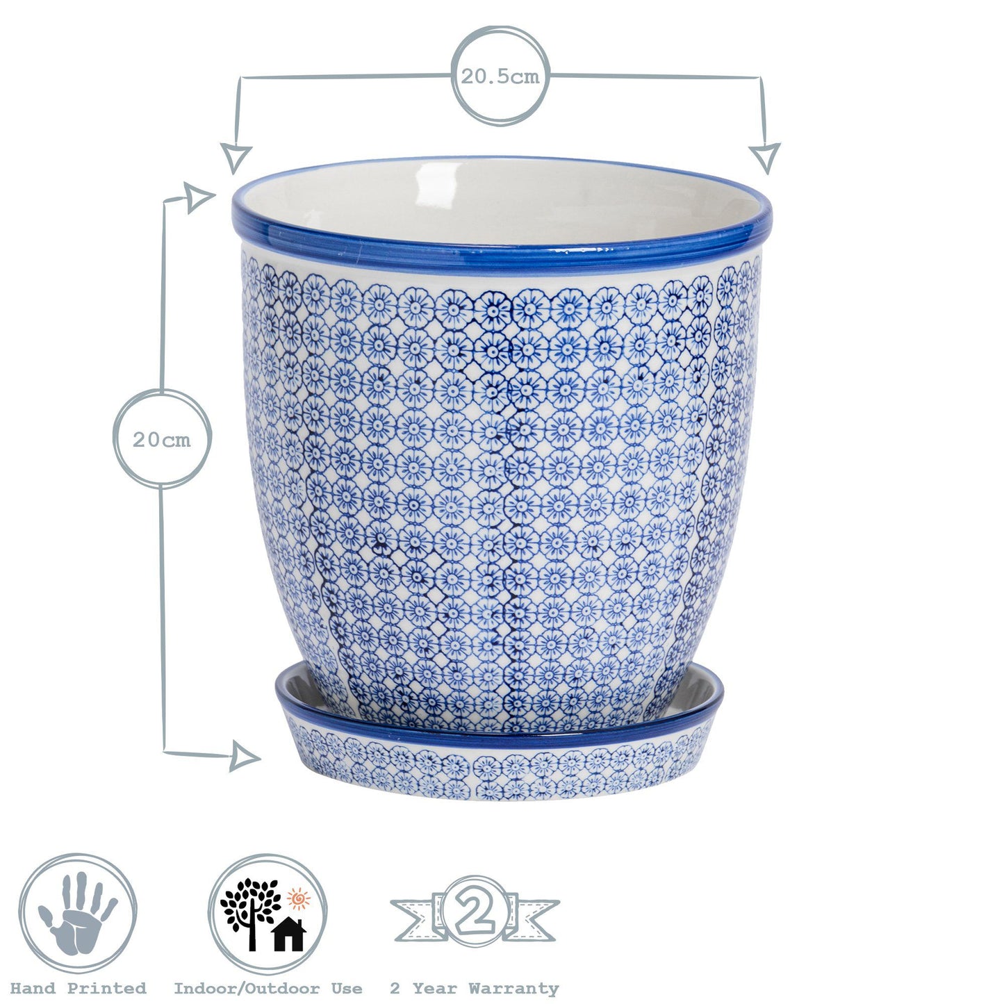 20cm Hand Printed Stoneware Plant Pot with Saucer