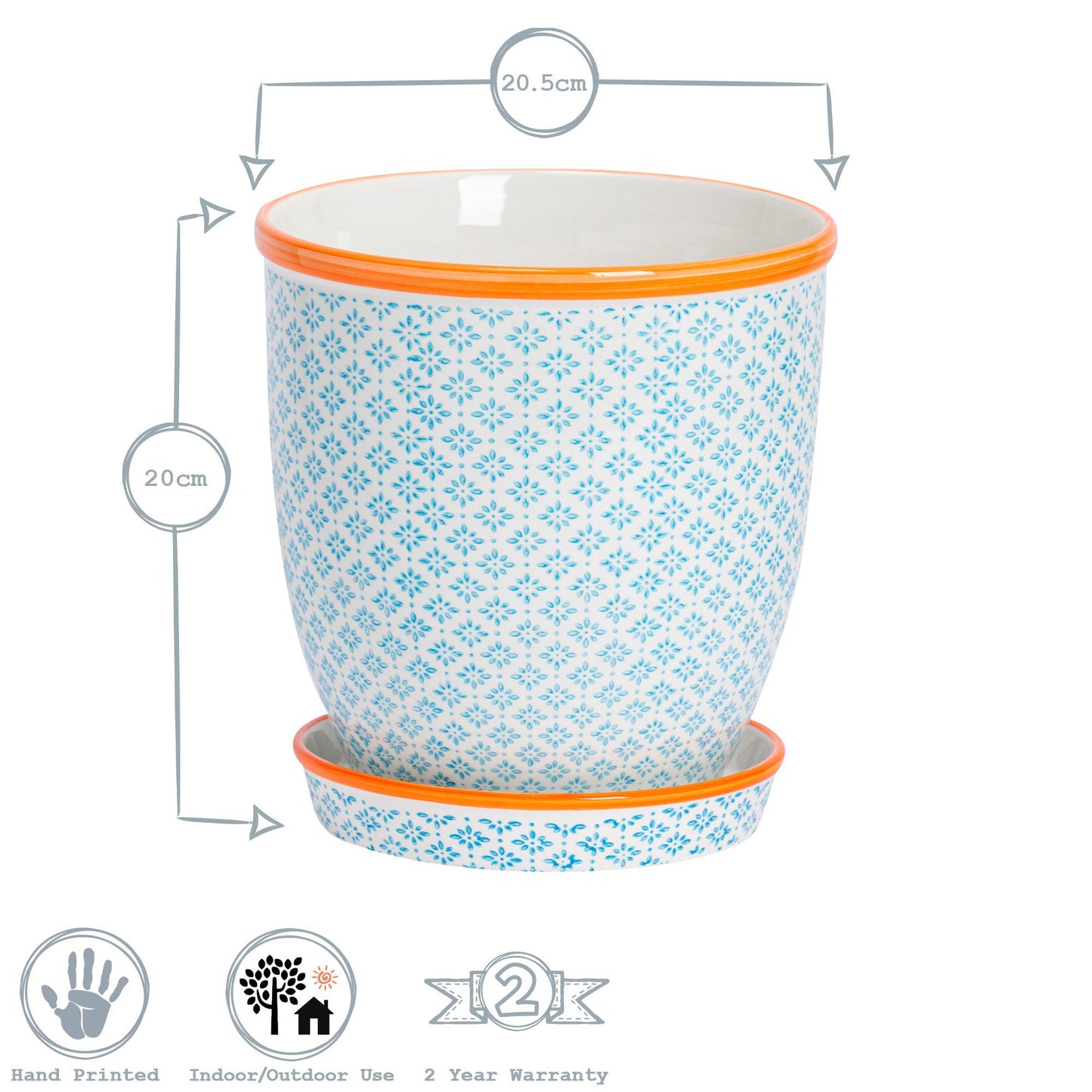 20cm Hand Printed Stoneware Plant Pot with Saucer