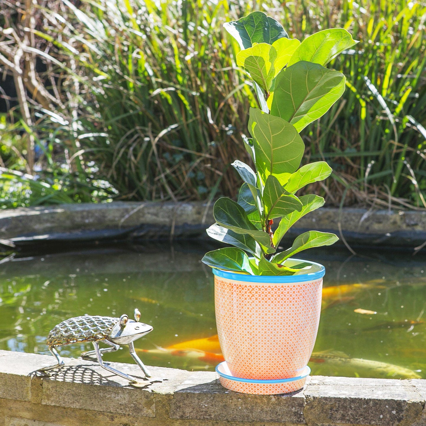 20cm Hand Printed Stoneware Plant Pot with Saucer