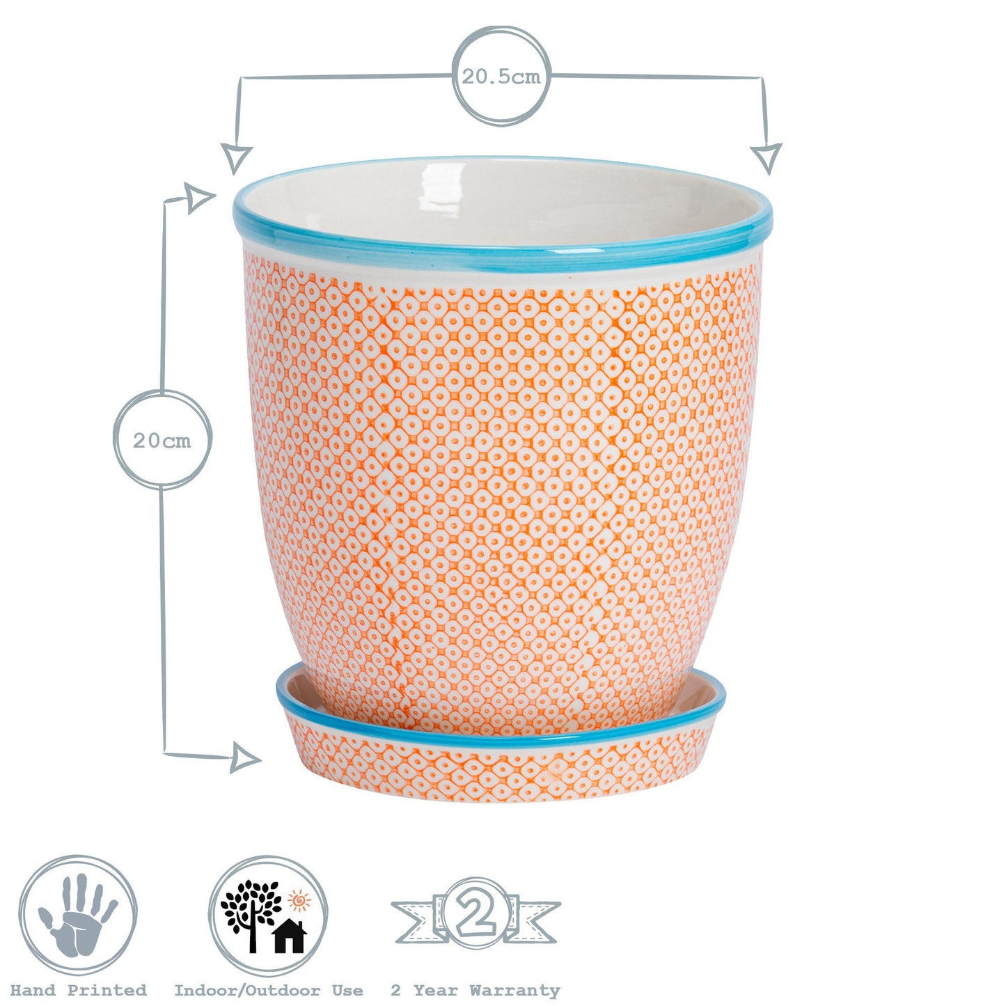 20cm Hand Printed Stoneware Plant Pot with Saucer