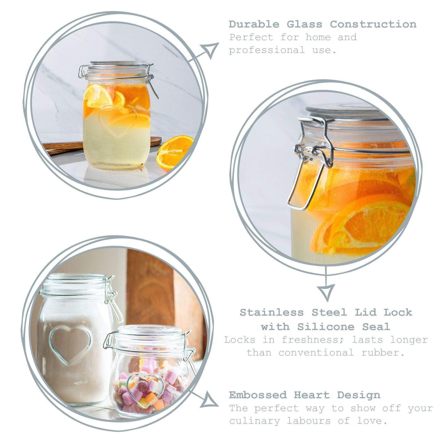 3pc Glass Storage Air tight Jar Set with Embossed Heart Detail