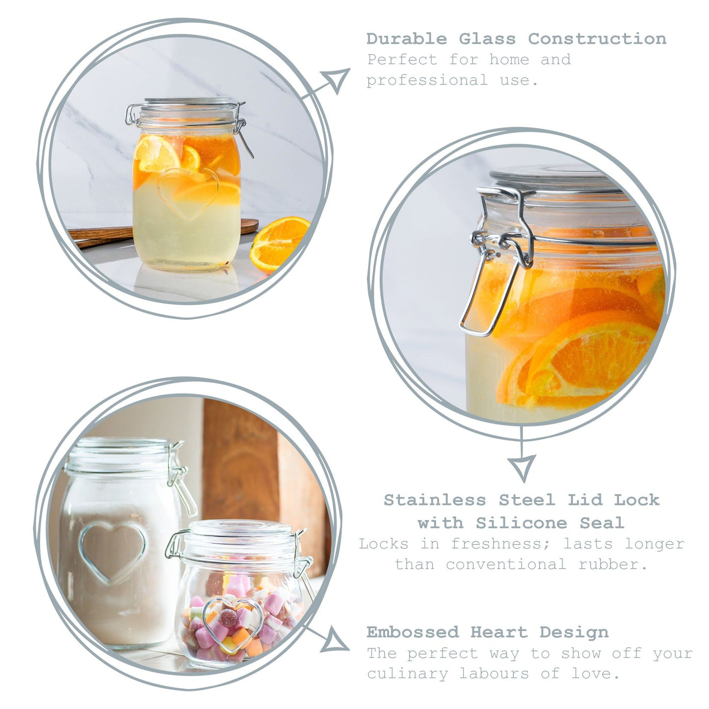 1.5L Air tight Glass Storage Jar with Embossed Heart Detail