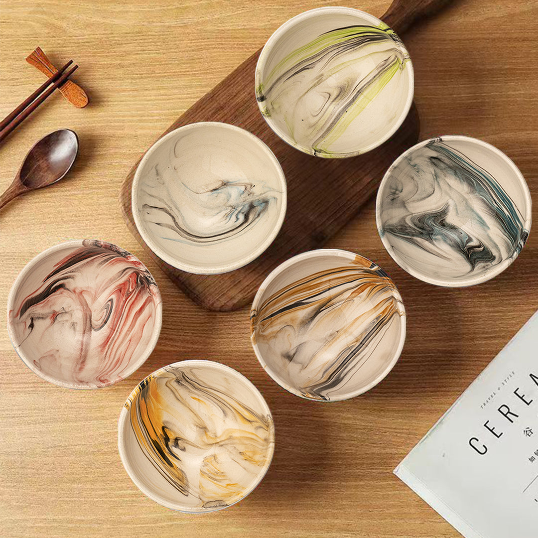 Set of 6 Ceramic Dip Bowls – Colonsay | Mocha, Marble Bloom – 8cm