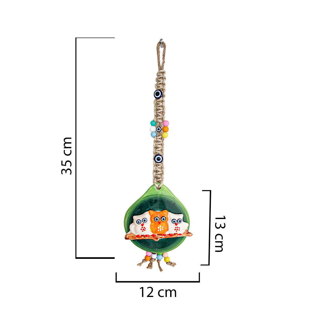 Handmade Ceramic Wall Decoration with Owl Trio, Green