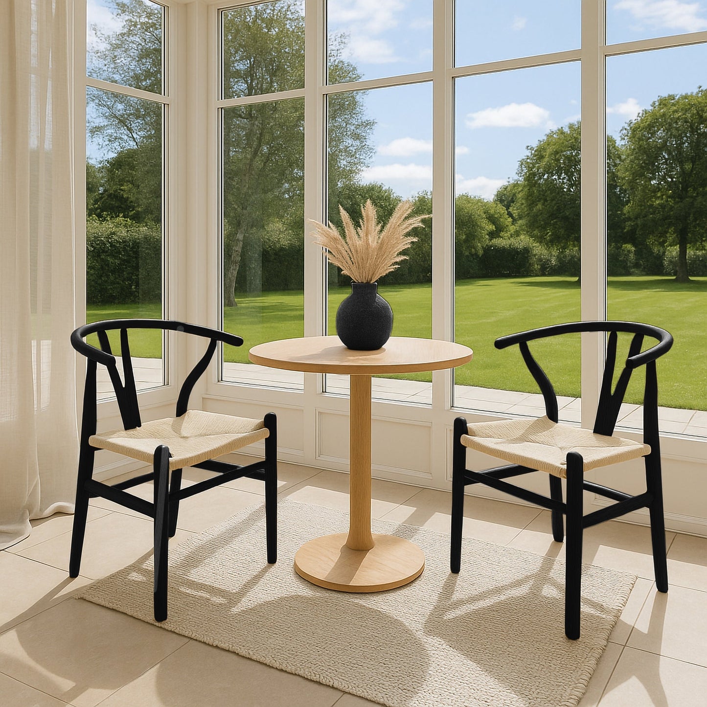 Black Wooden Wishbone Dining Chair with Beige Weave