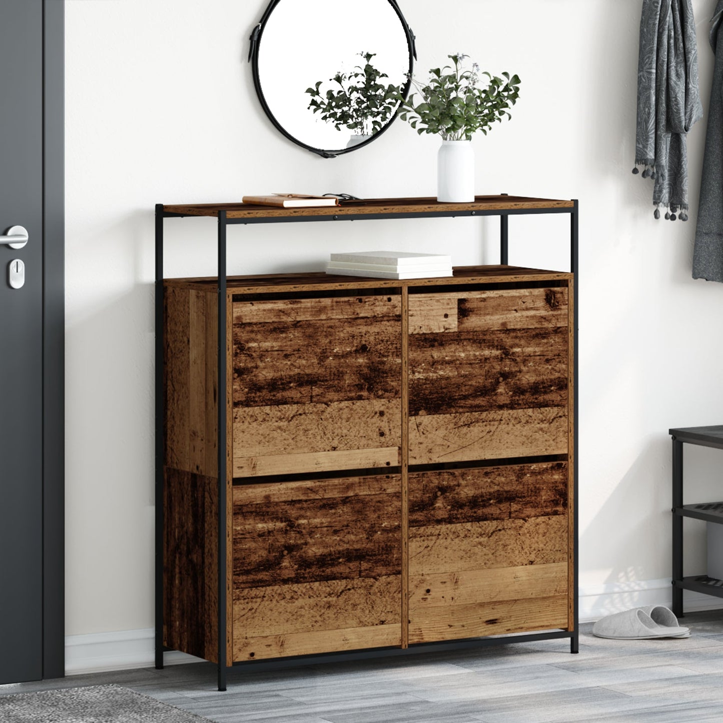Shoe Cabinet with 4 Flip-Drawers Old Wood 100x34x112 cm