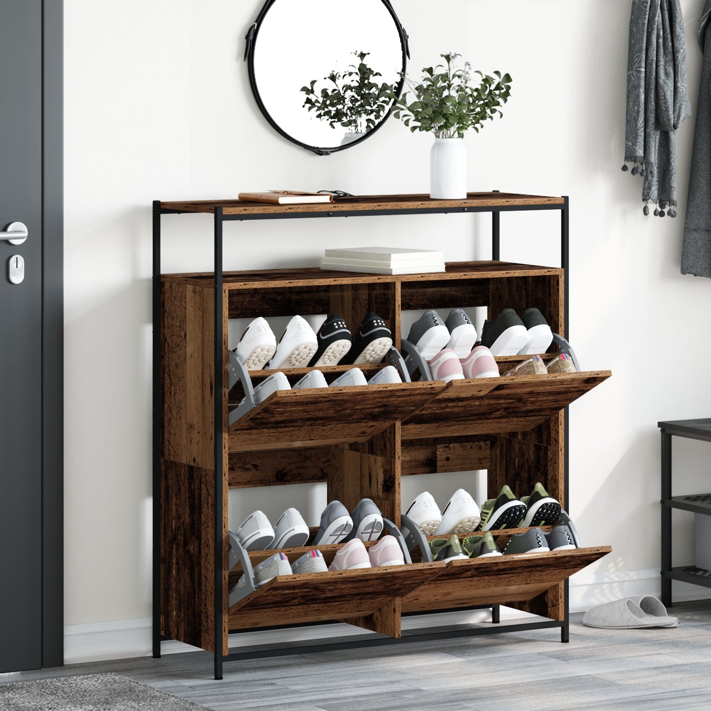 Shoe Cabinet with 4 Flip-Drawers Old Wood 100x34x112 cm