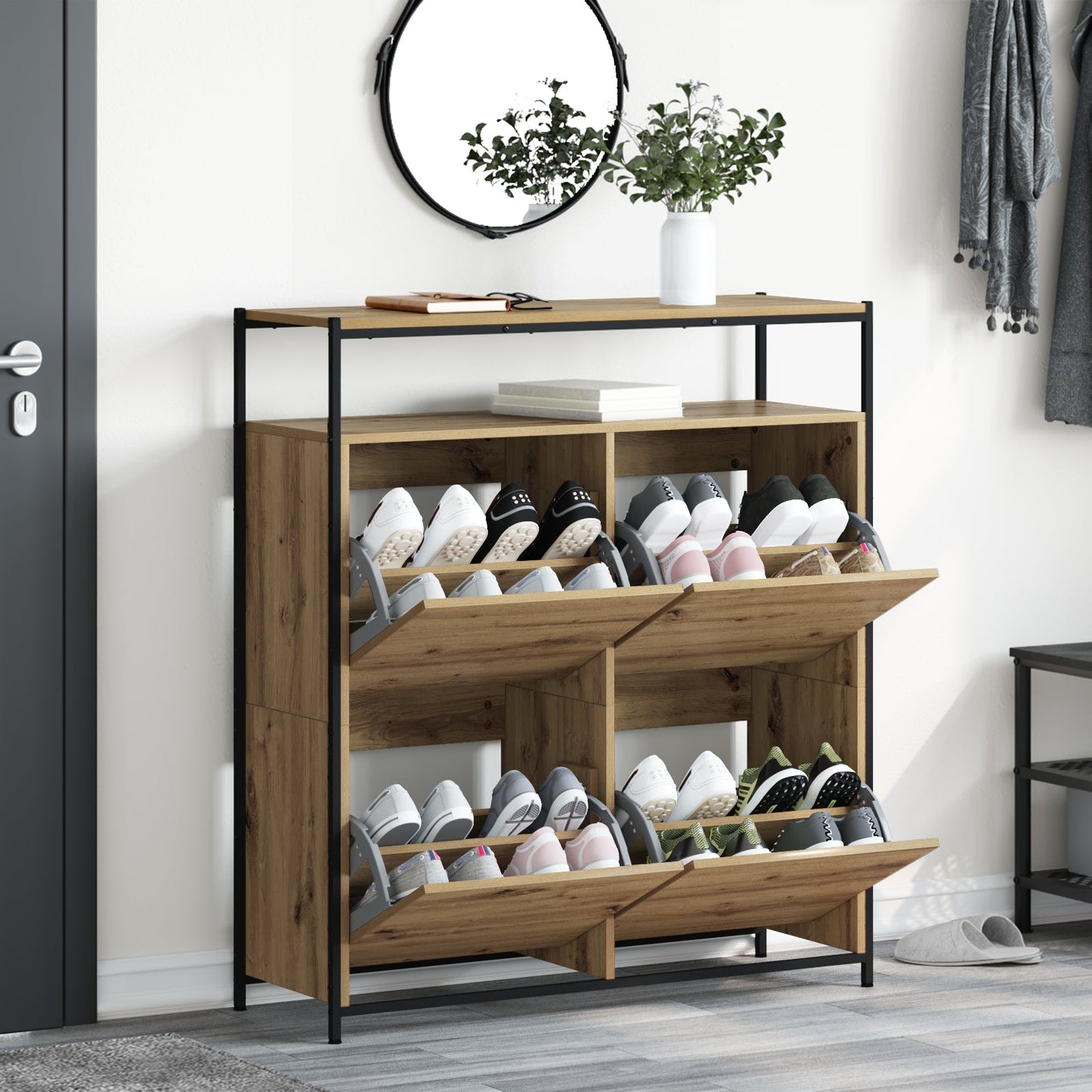 Shoe Cabinet with 4 Flip-Drawers Artisan Oak 100x34x112 cm