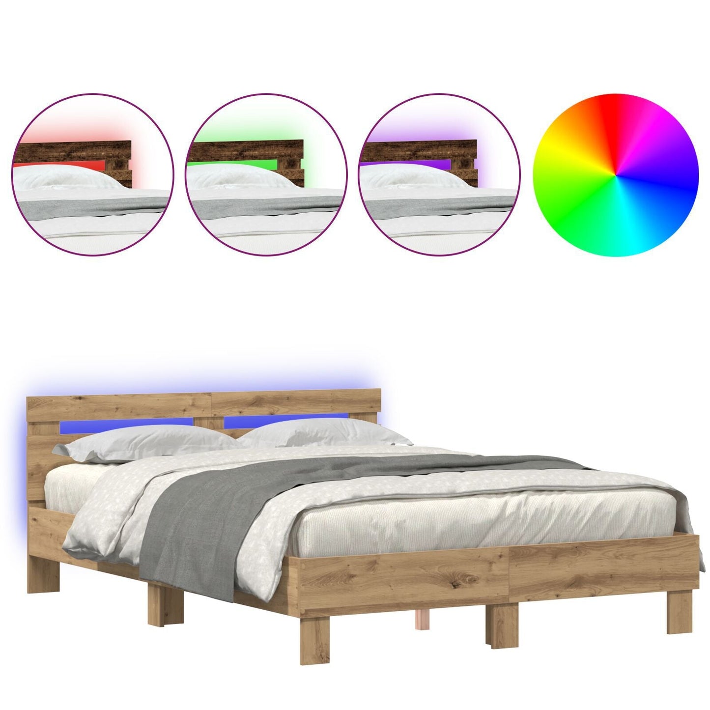 Modern Wooden Queen Size 160cm Bed Frame Base With Headboard & LED Lights