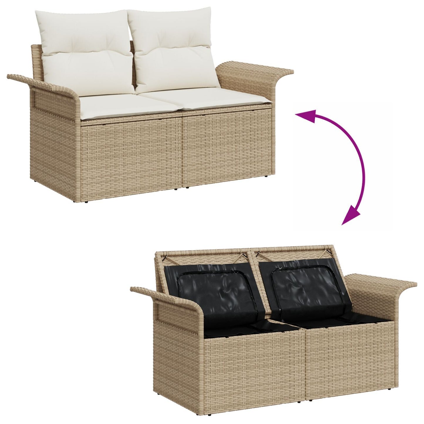 Outdoor Patio Poly Rattan 2-Seater Garden Sofa With Storage & Cushions Chair
