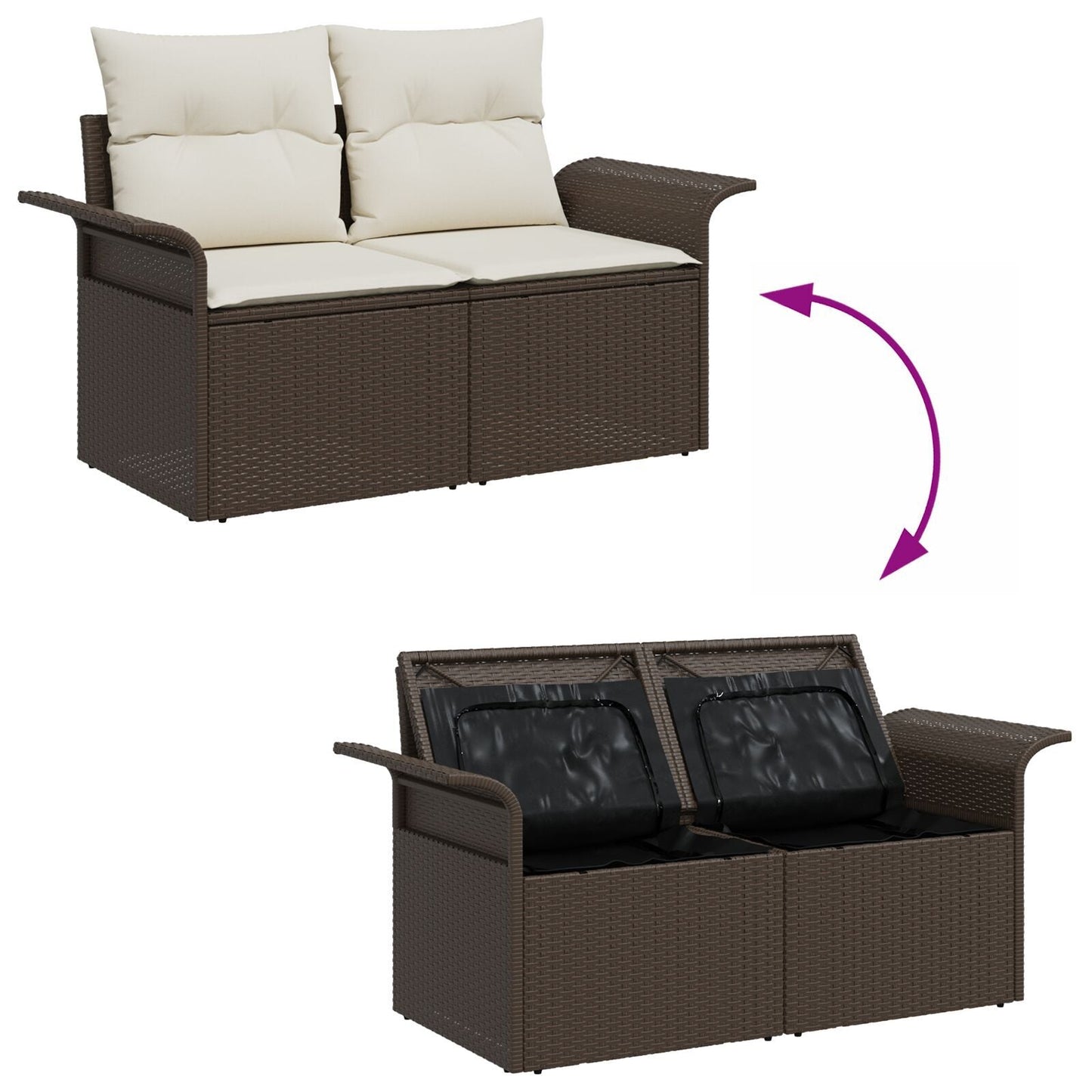 Outdoor Patio Poly Rattan 2-Seater Garden Sofa With Storage & Cushions Chair