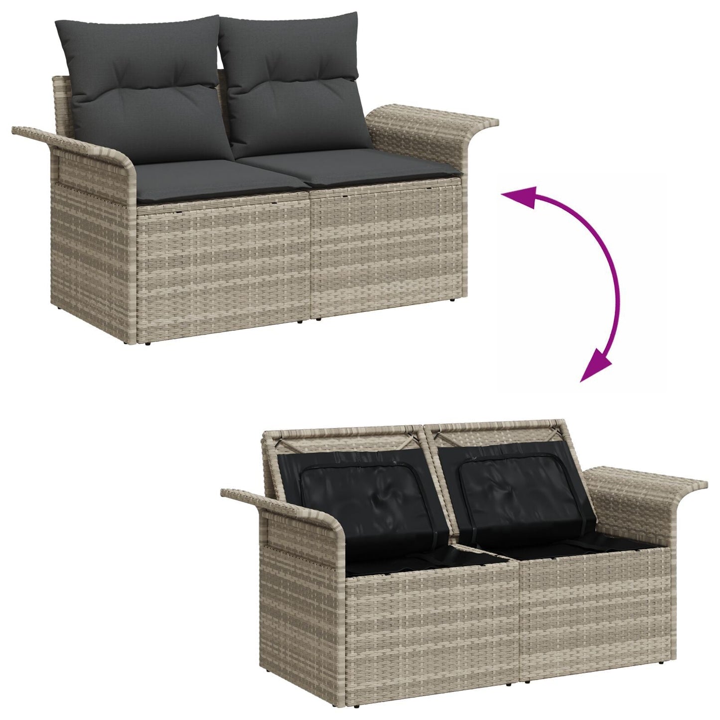Outdoor Patio Poly Rattan 2-Seater Garden Sofa With Storage & Cushions Chair