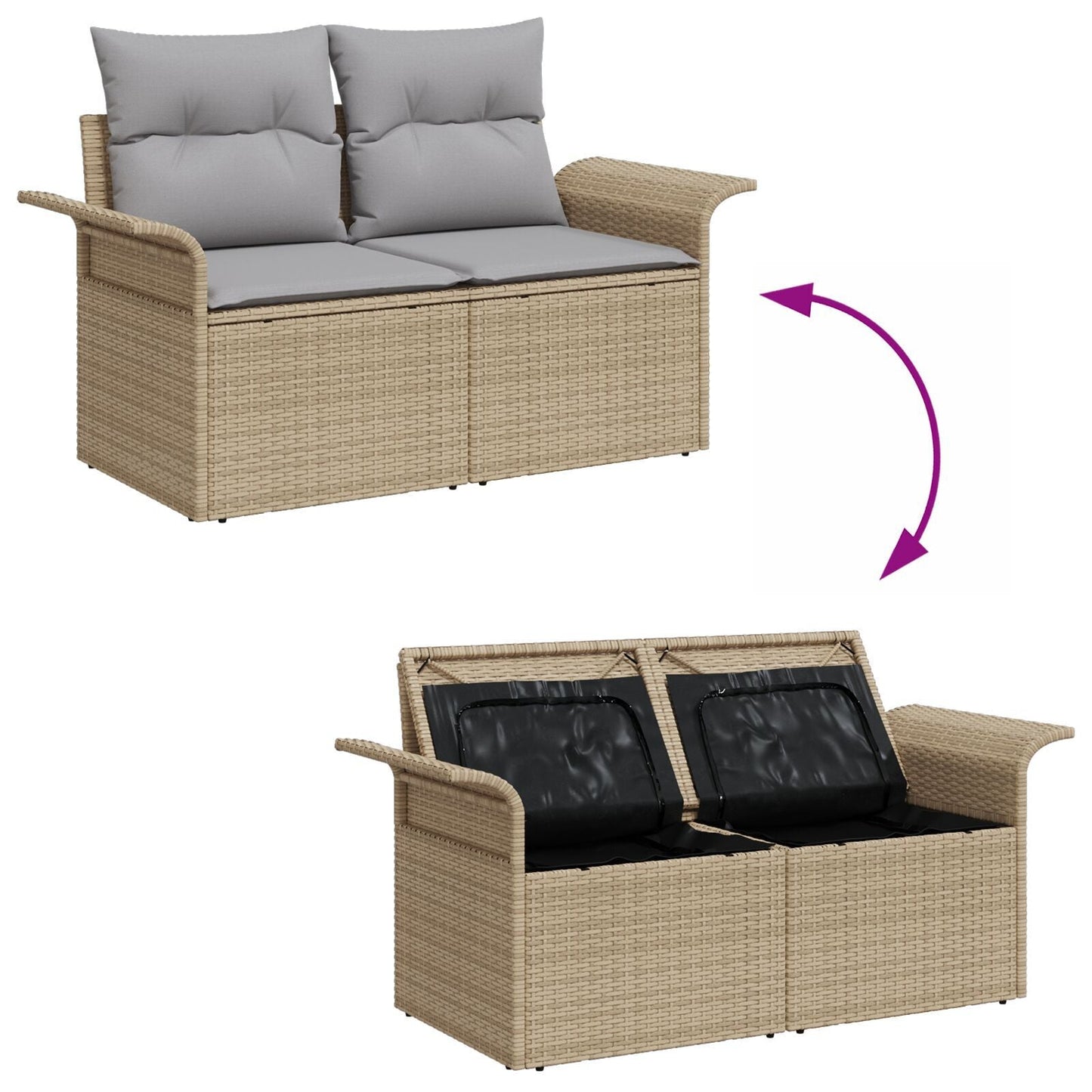Outdoor Patio Poly Rattan 2-Seater Garden Sofa With Storage & Cushions Chair