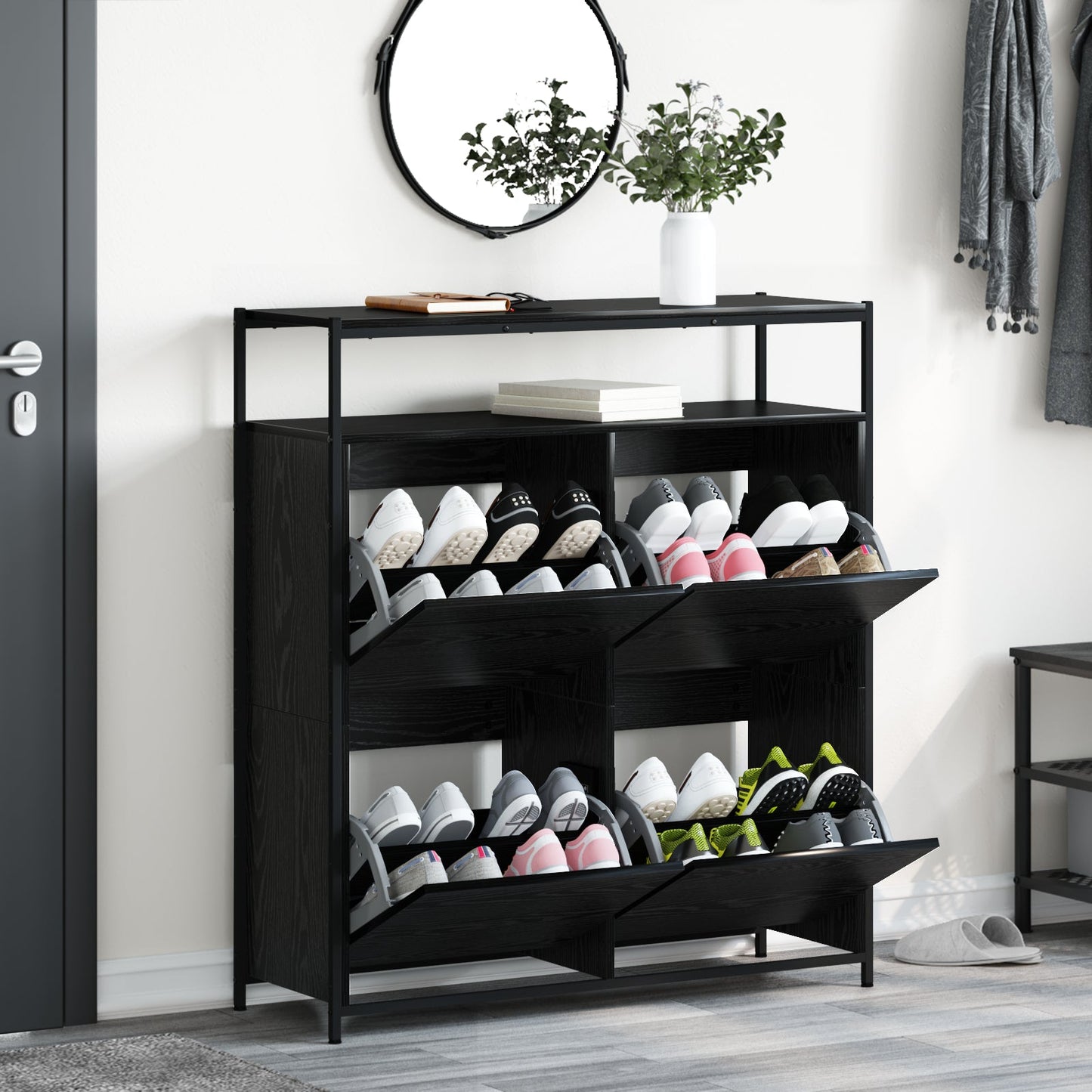 Shoe Cabinet with 4 Flip-Drawers Black Oak 100x34x112 cm
