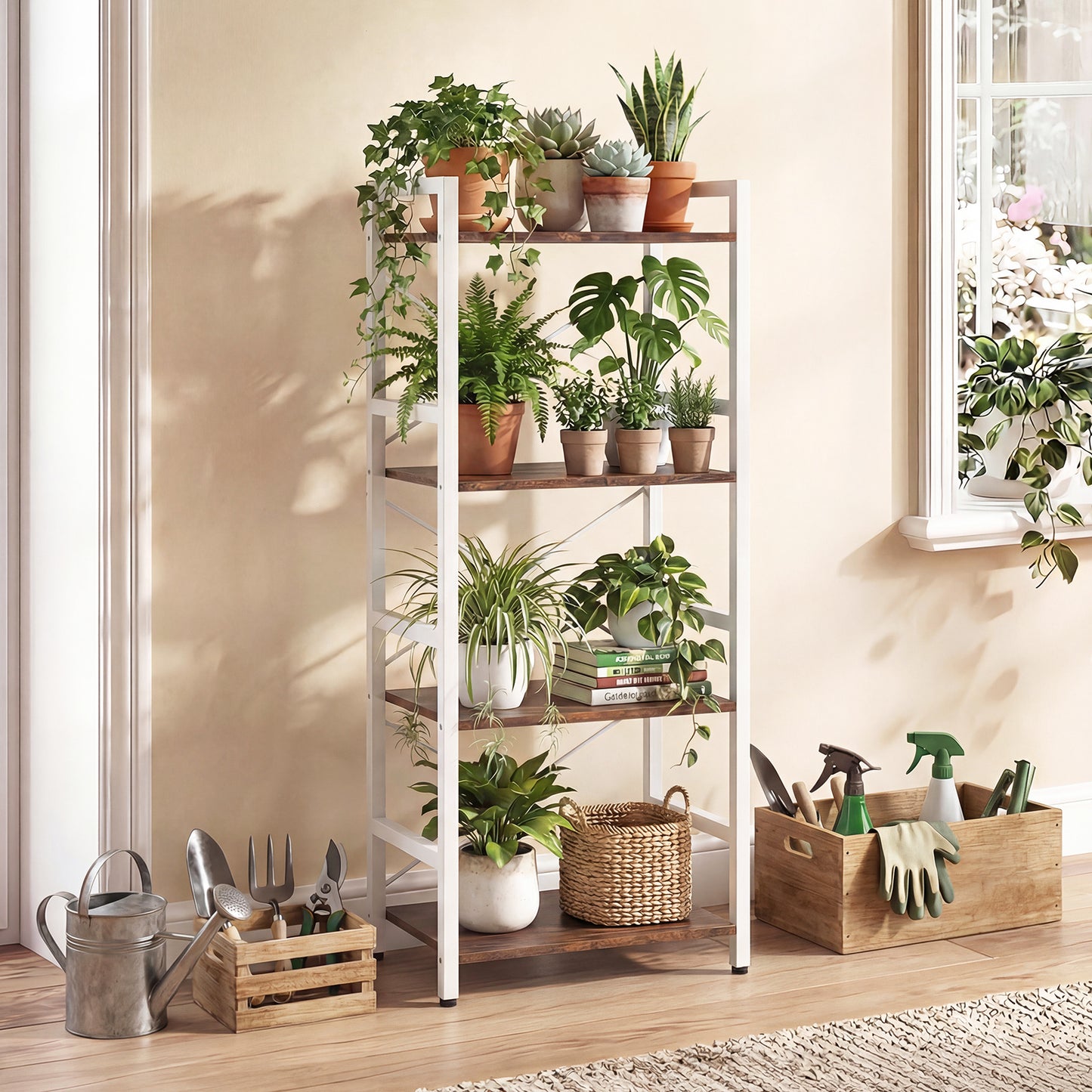 Narrow Bookshelf 4-Tier Freestanding Bookcase with Heavy-duty Metal Frame-RusticBrown