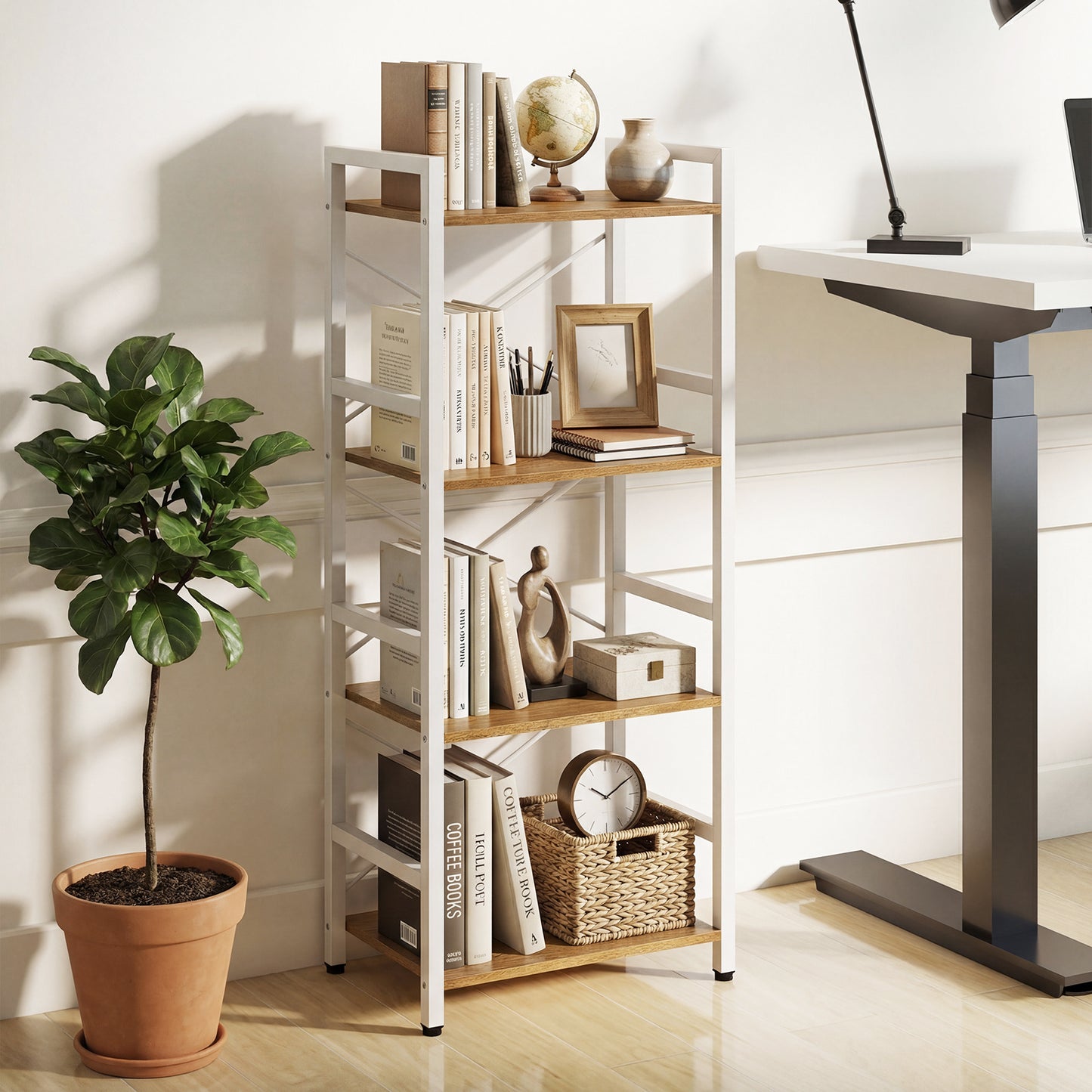 Narrow Bookshelf 4-Tier Freestanding Bookcase with Heavy-duty Metal Frame-RusticBrown