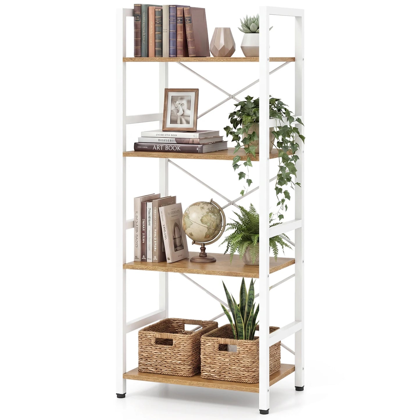 Narrow Bookshelf 4-Tier Freestanding Bookcase with Heavy-duty Metal Frame-RusticBrown