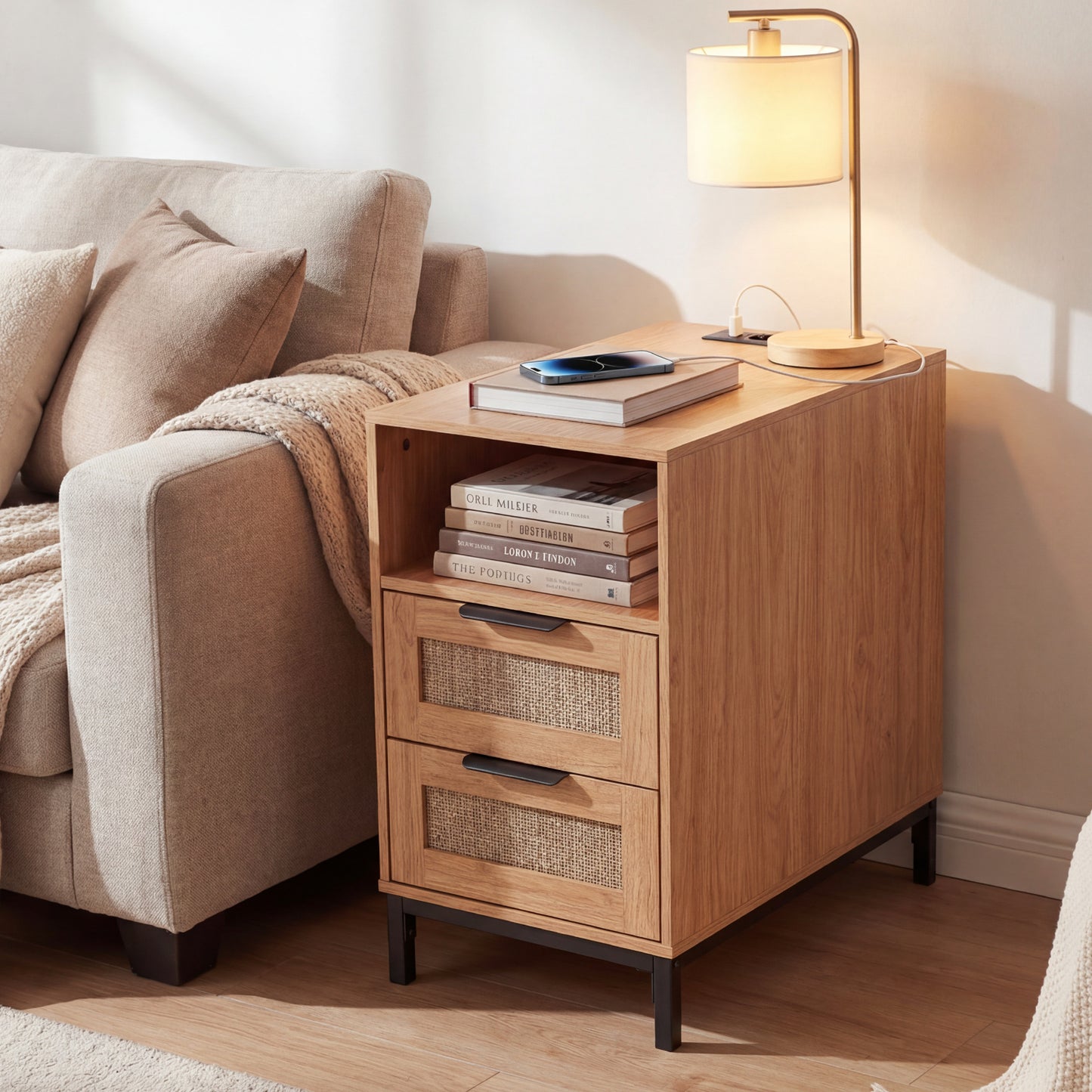 Narrow End Table with Charging Station and 2 Drawers for Bedroom-Black