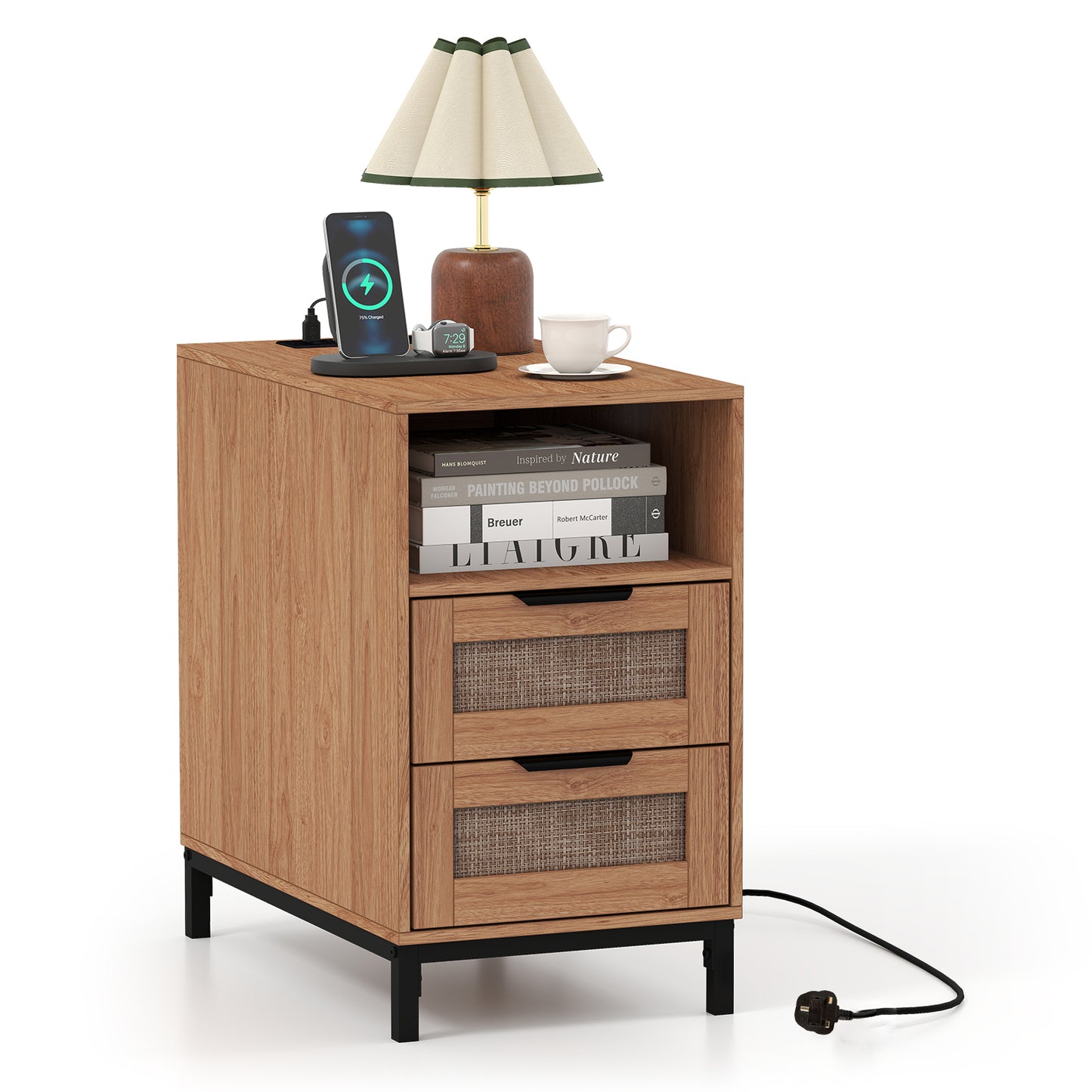 Narrow End Table with Charging Station and 2 Drawers for Bedroom-Black
