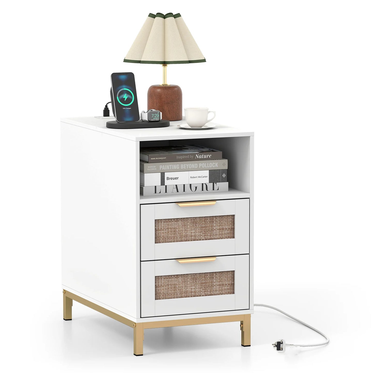 Narrow End Table with Charging Station and 2 Drawers for Bedroom-Black