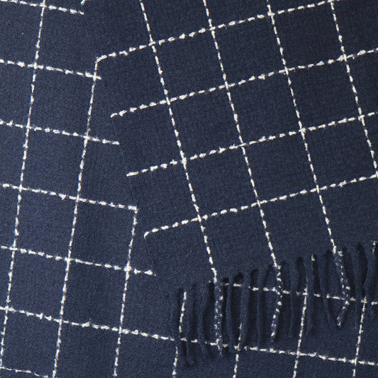 Navy Fine Check Scarf with Fringe