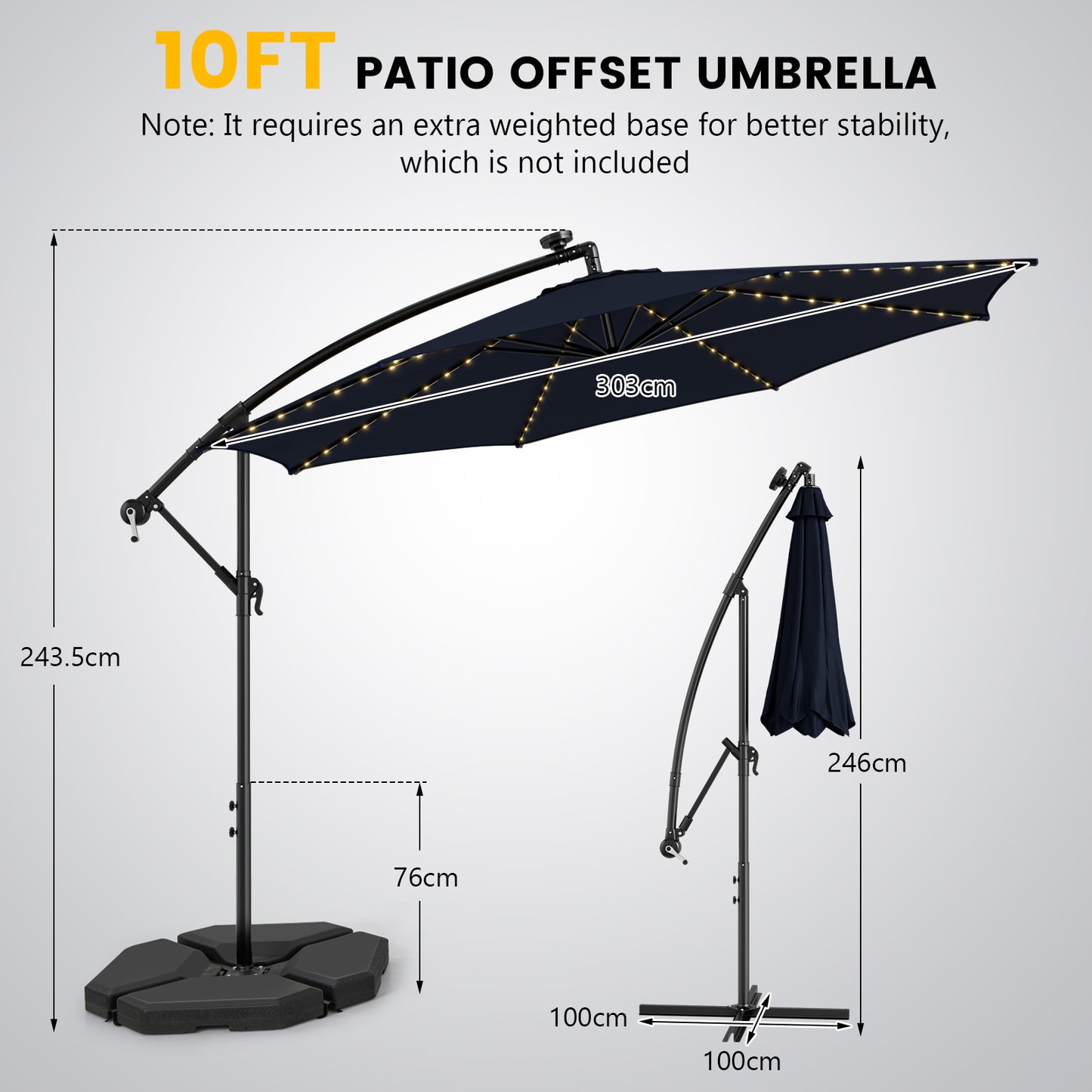 303 CM Solar-Powered Patio Offset Umbrella with 112 LED Lights-Beige