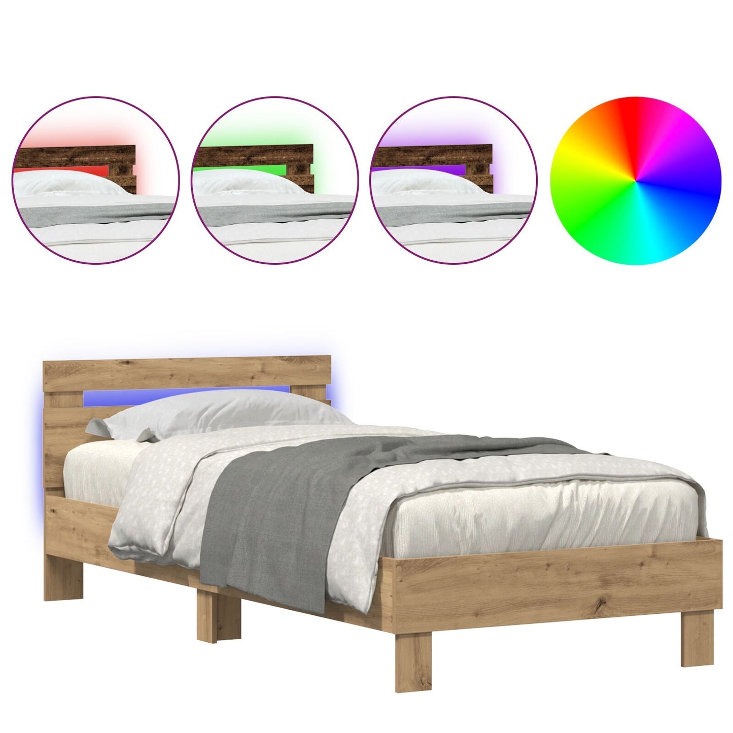 Modern Wooden Single Size 90cm Bed Frame Base With LED Lights & Headboard Wood