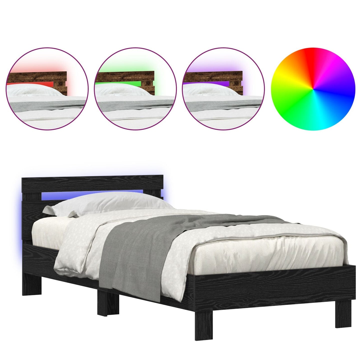 Modern Wooden Single Size 90cm Bed Frame Base With LED Lights & Headboard Wood