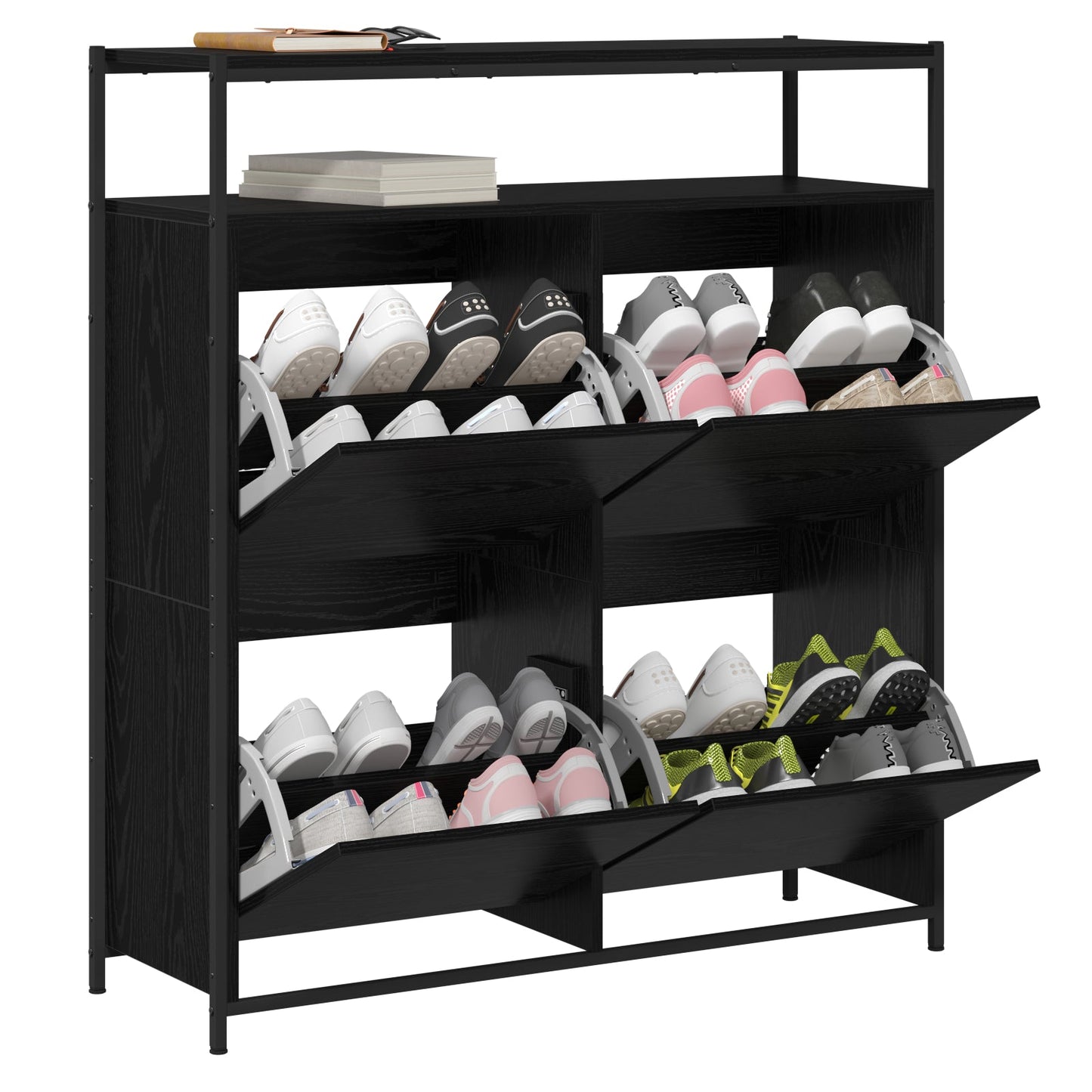 Shoe Cabinet with 4 Flip-Drawers Black Oak 100x34x112 cm