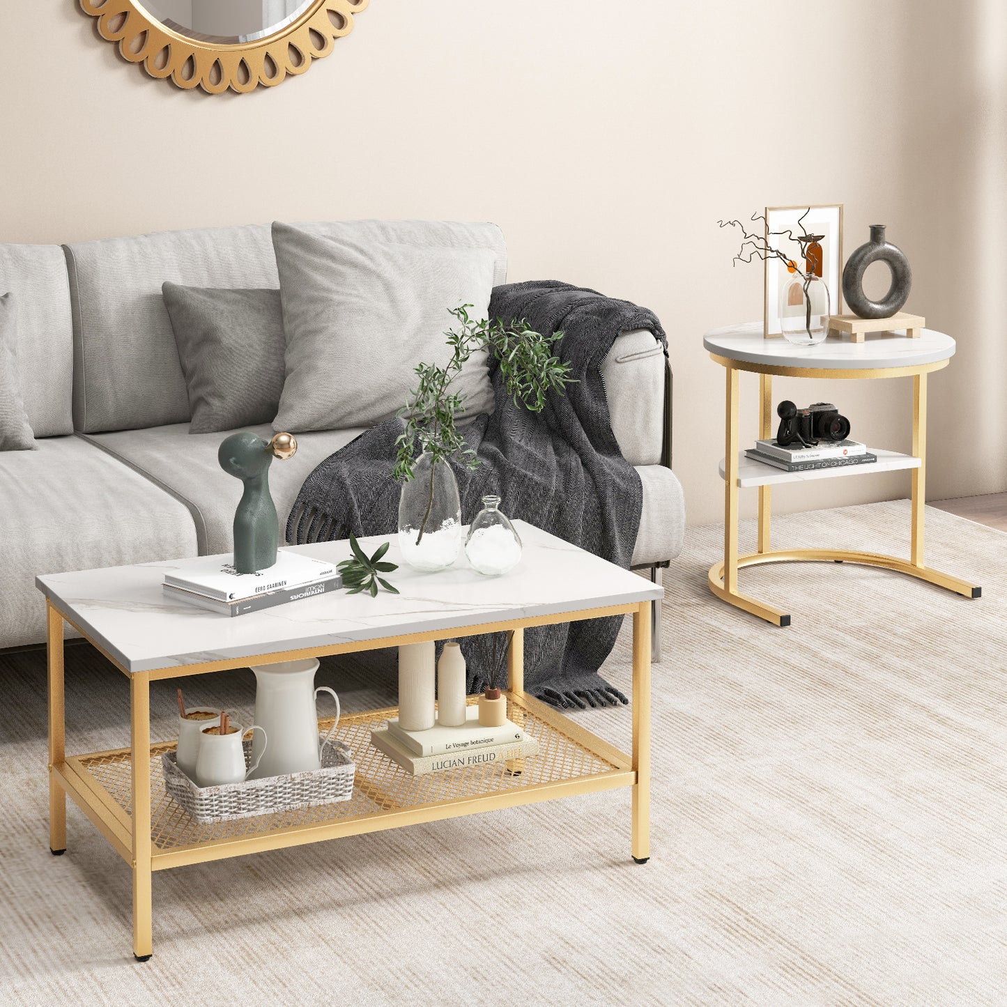 Set of 2 Nesting Coffee Table with Extra Storage Shelf-Black