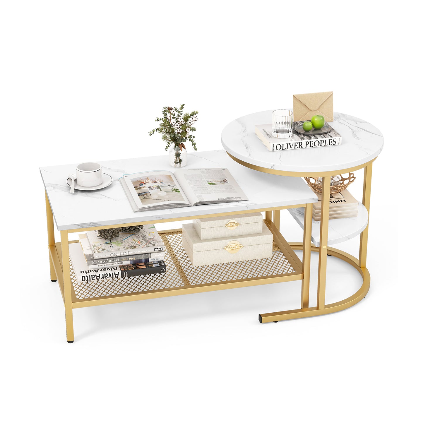 Set of 2 Nesting Coffee Table with Extra Storage Shelf-Black