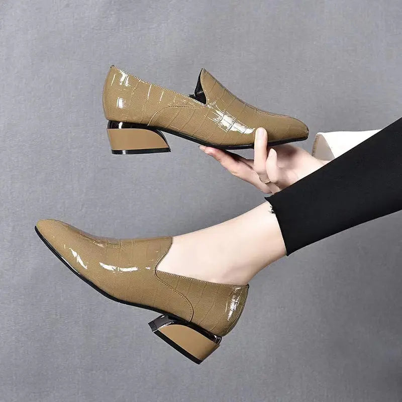 New Genuine Leather Pointed-toe Chunky Heel Shoes Women