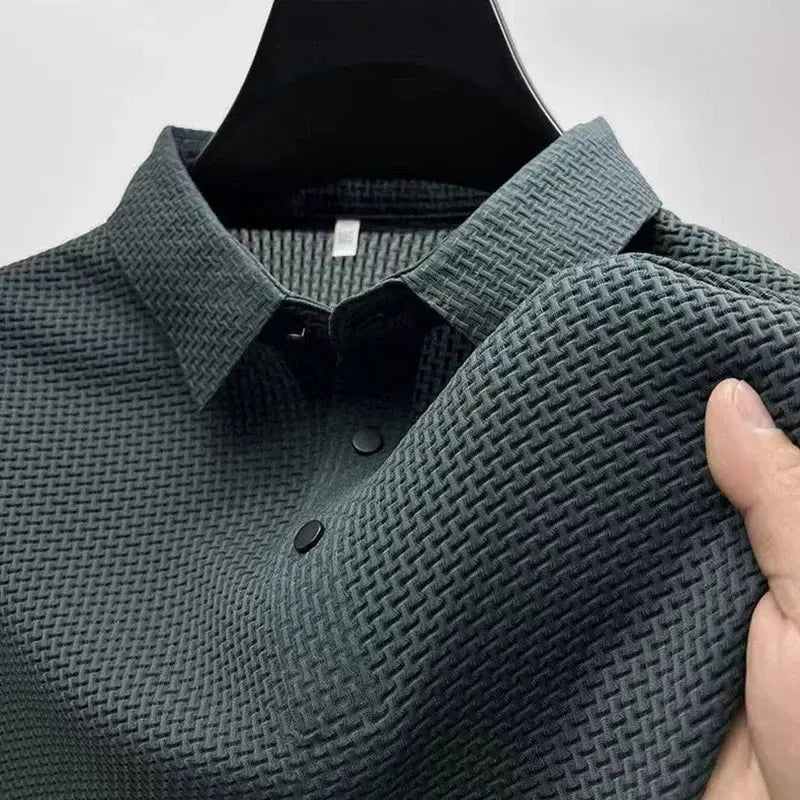 New Men’s Business Casual Short Sleeve Polo Shirt – Bone Flower Solid Color, Breathable & Comfortable Summer Top