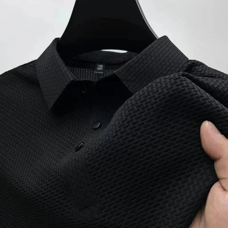 New Men’s Business Casual Short Sleeve Polo Shirt – Bone Flower Solid Color, Breathable & Comfortable Summer Top
