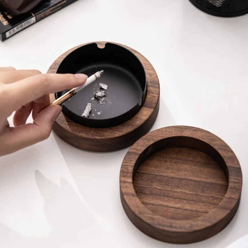 New Creative Ashtrays With Lid Walnut Wood