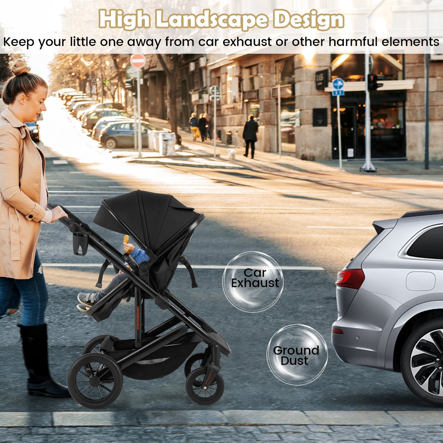 3-in-1 Newborn Stroller Folding Convertible High Landscape Toddler Stroller-Black