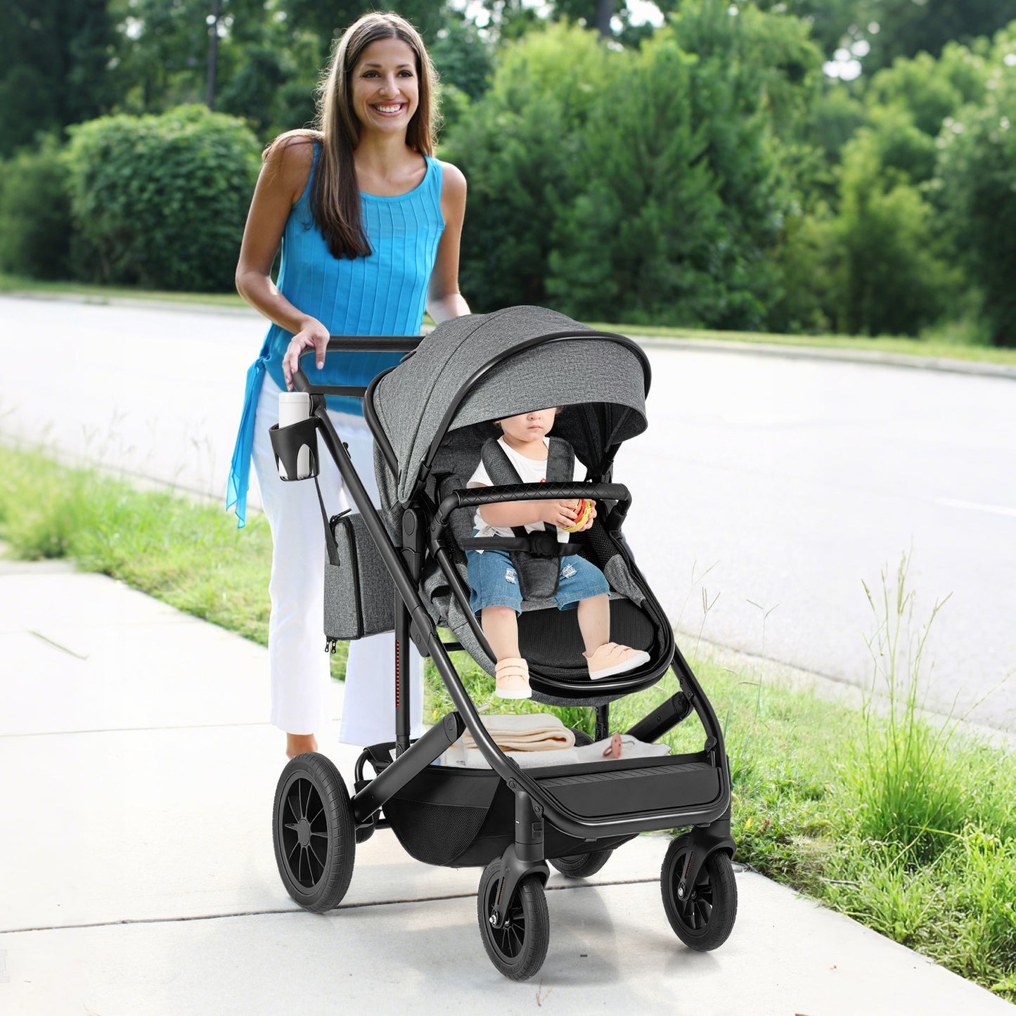 3-in-1 Newborn Stroller Folding Convertible High Landscape Toddler Stroller-Black