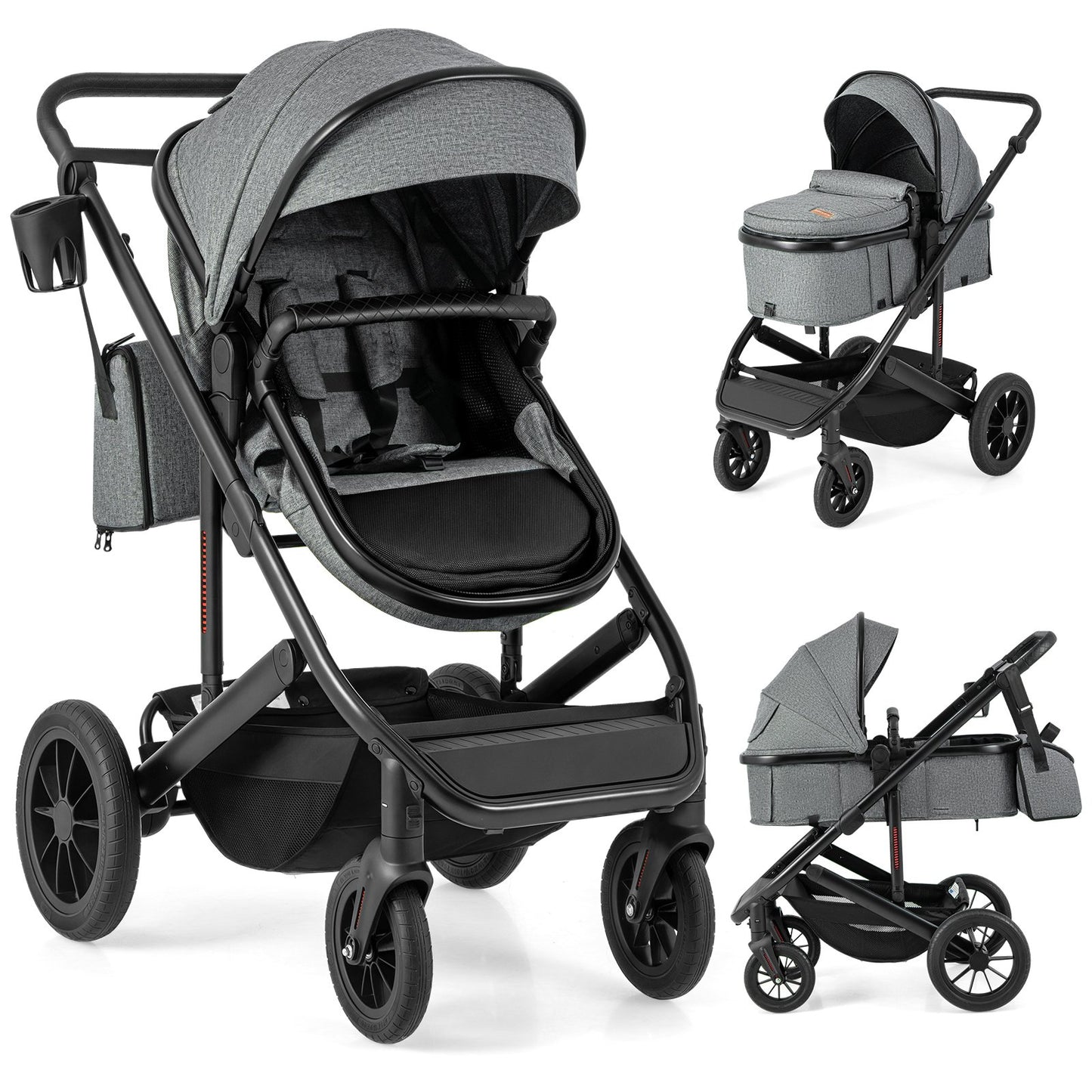 3-in-1 Newborn Stroller Folding Convertible High Landscape Toddler Stroller-Black