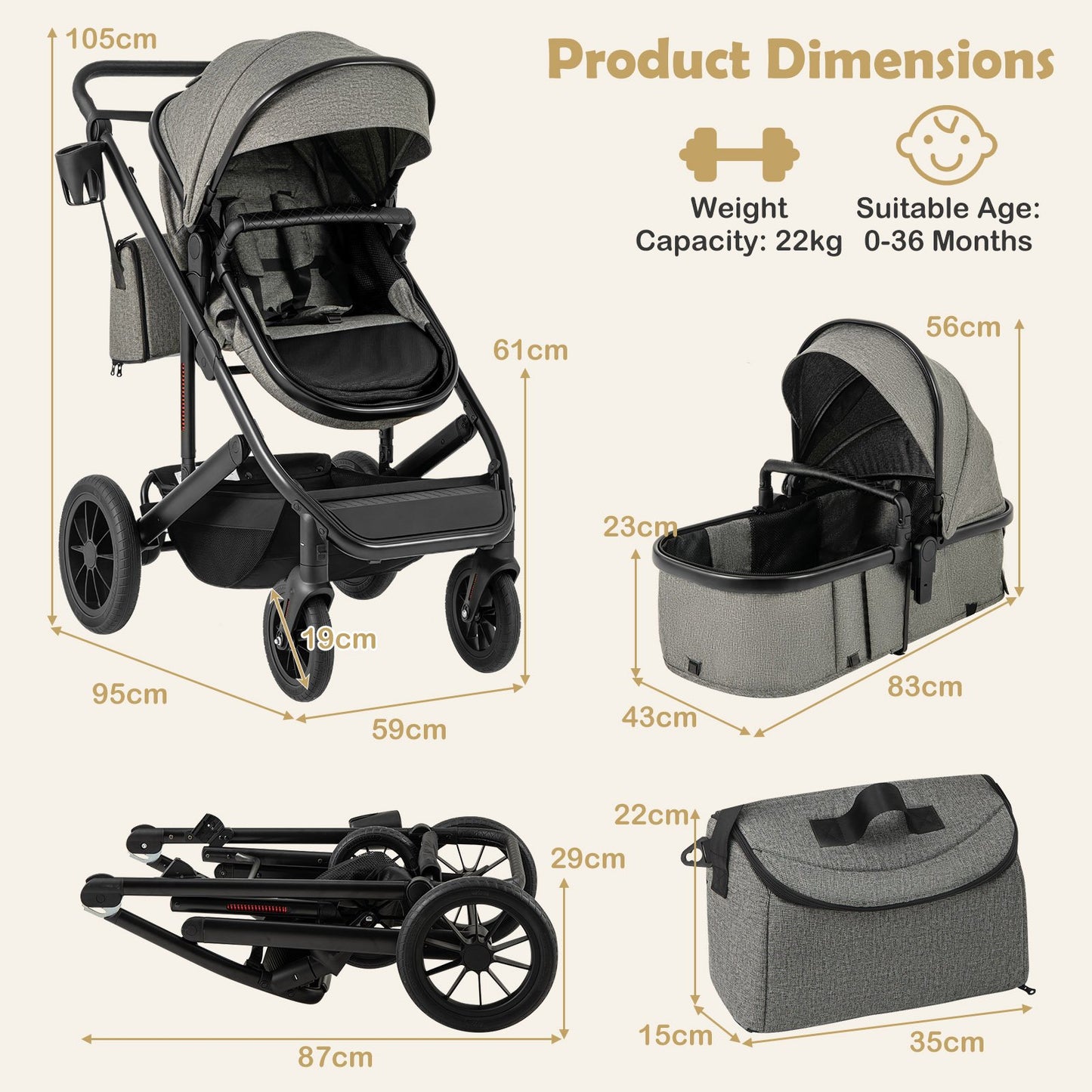 3-in-1 Newborn Stroller Folding Convertible High Landscape Toddler Stroller-Black
