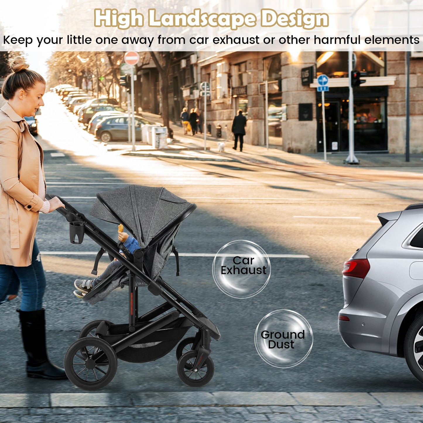 3-in-1 Newborn Stroller Folding Convertible High Landscape Toddler Stroller-Black