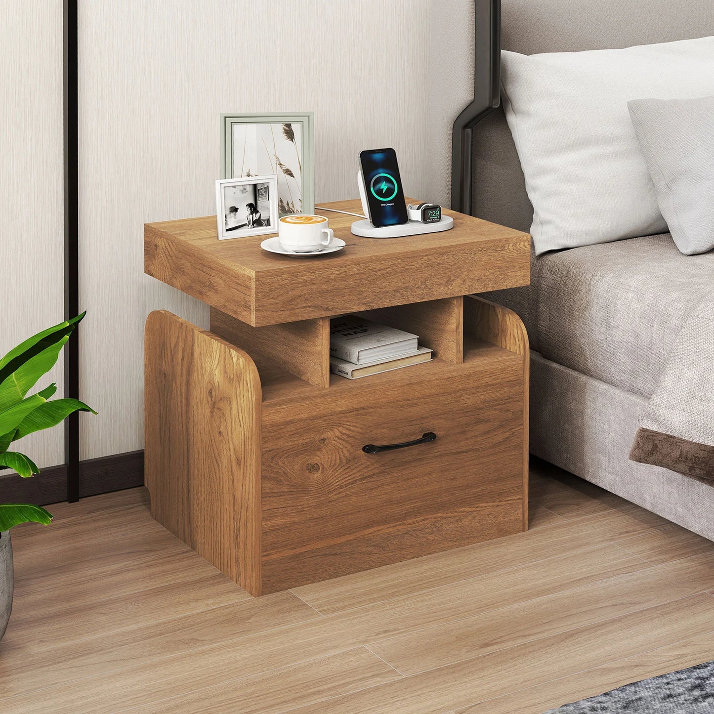 Nightstand with Charging Station Set of 2 with Drawer and Sliding Top Storage-Black