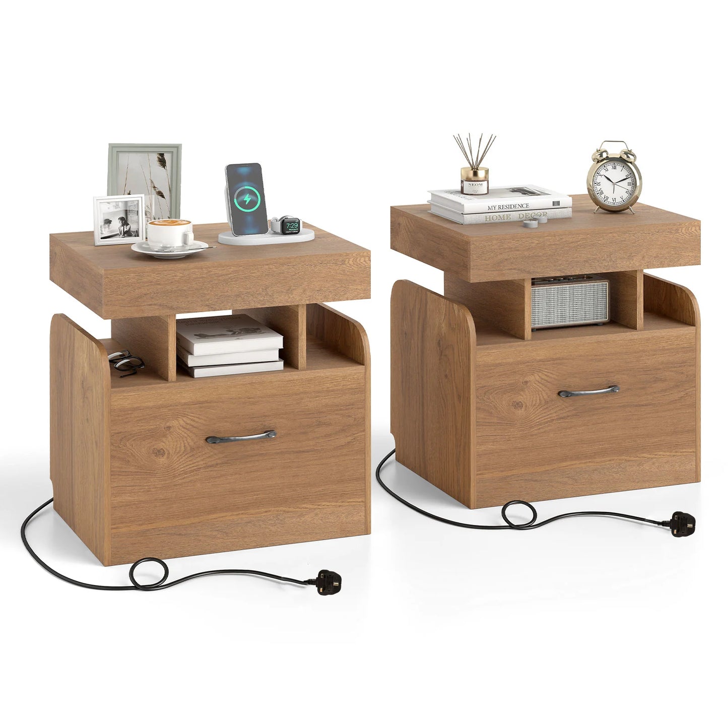 Nightstand with Charging Station Set of 2 with Drawer and Sliding Top Storage-Black