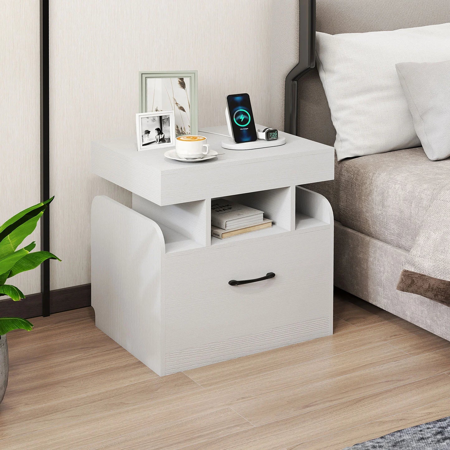 Nightstand with Charging Station Set of 2 with Drawer and Sliding Top Storage-Black