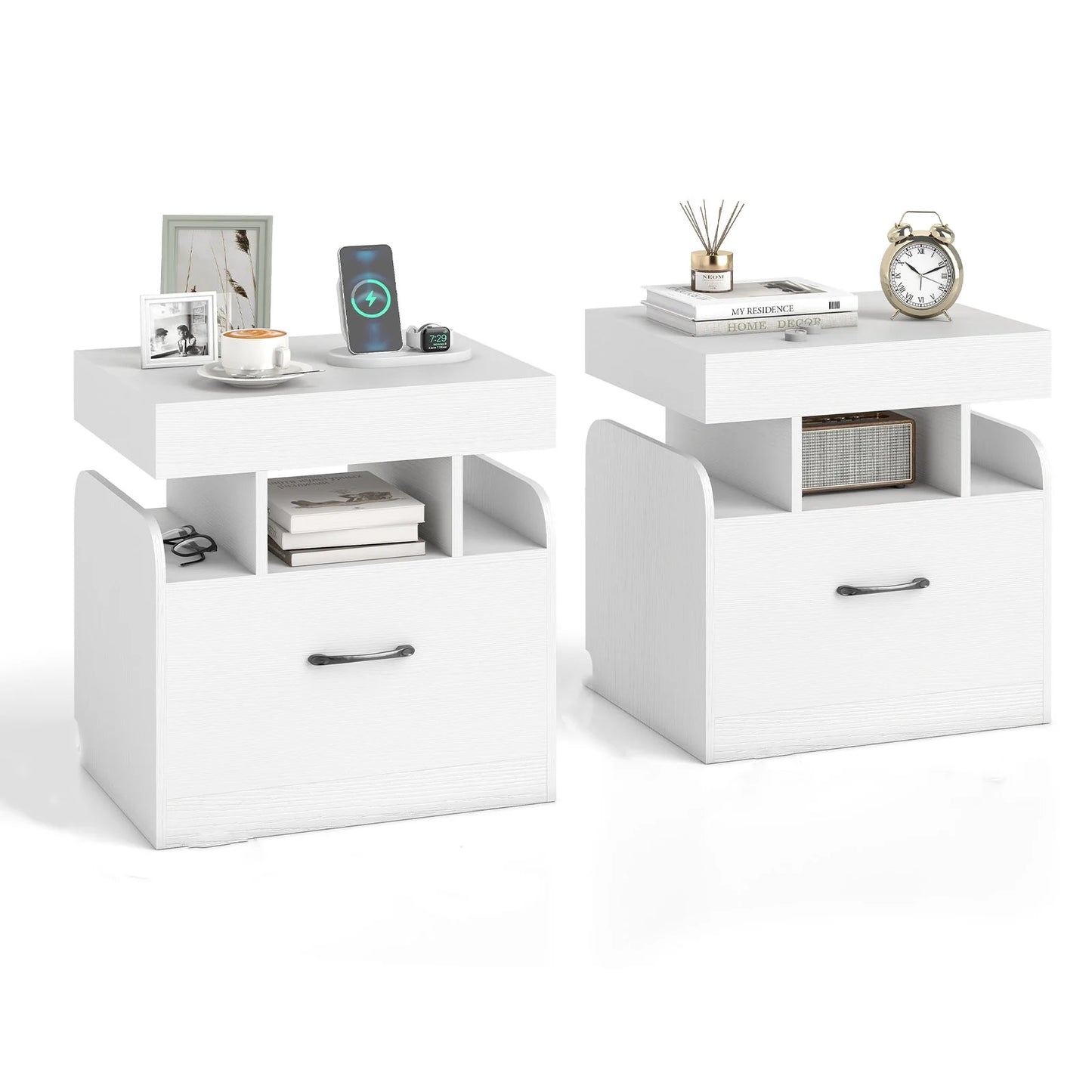 Nightstand with Charging Station Set of 2 with Drawer and Sliding Top Storage-Black