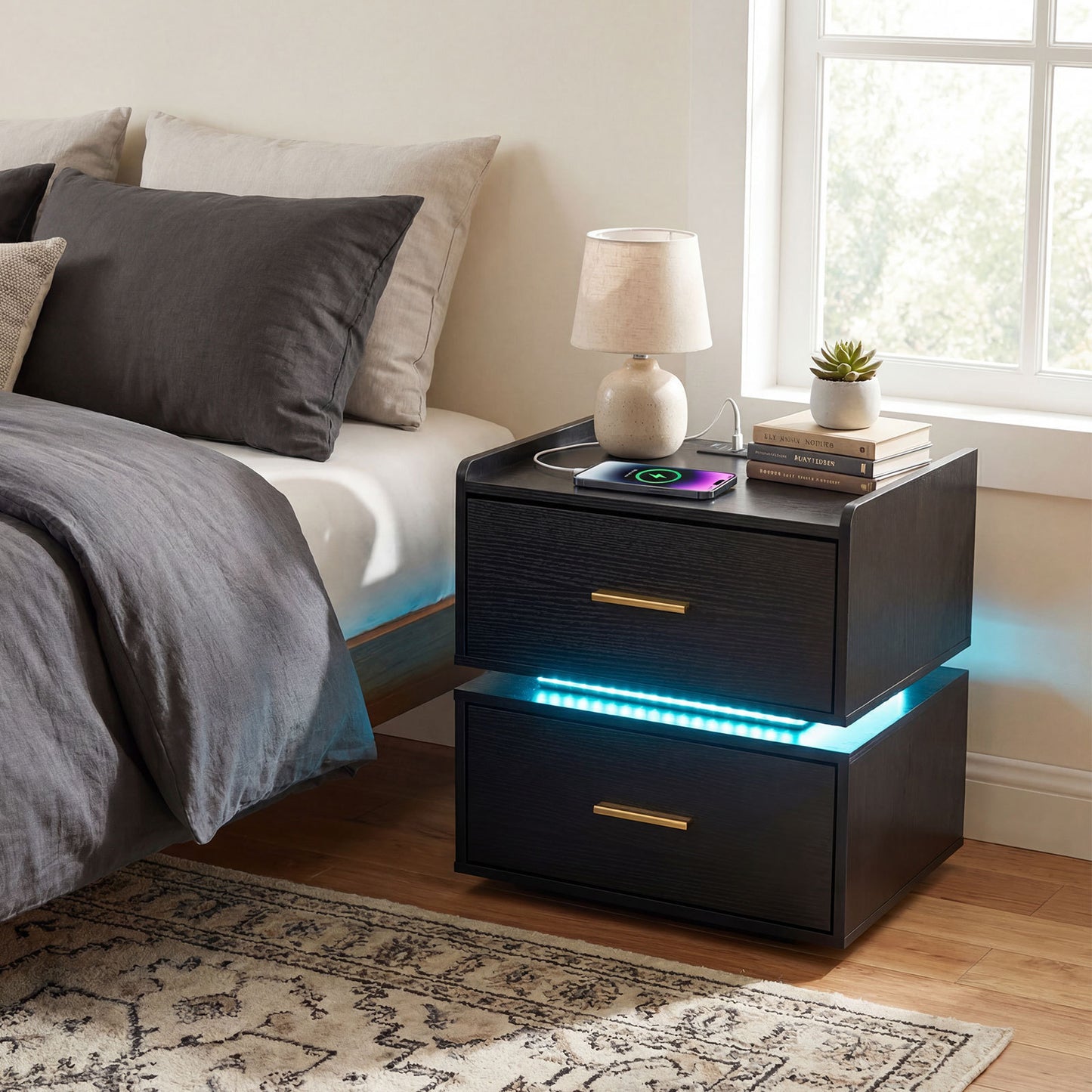 Nightstand with Charging Station and 2 Storage Drawers-Black