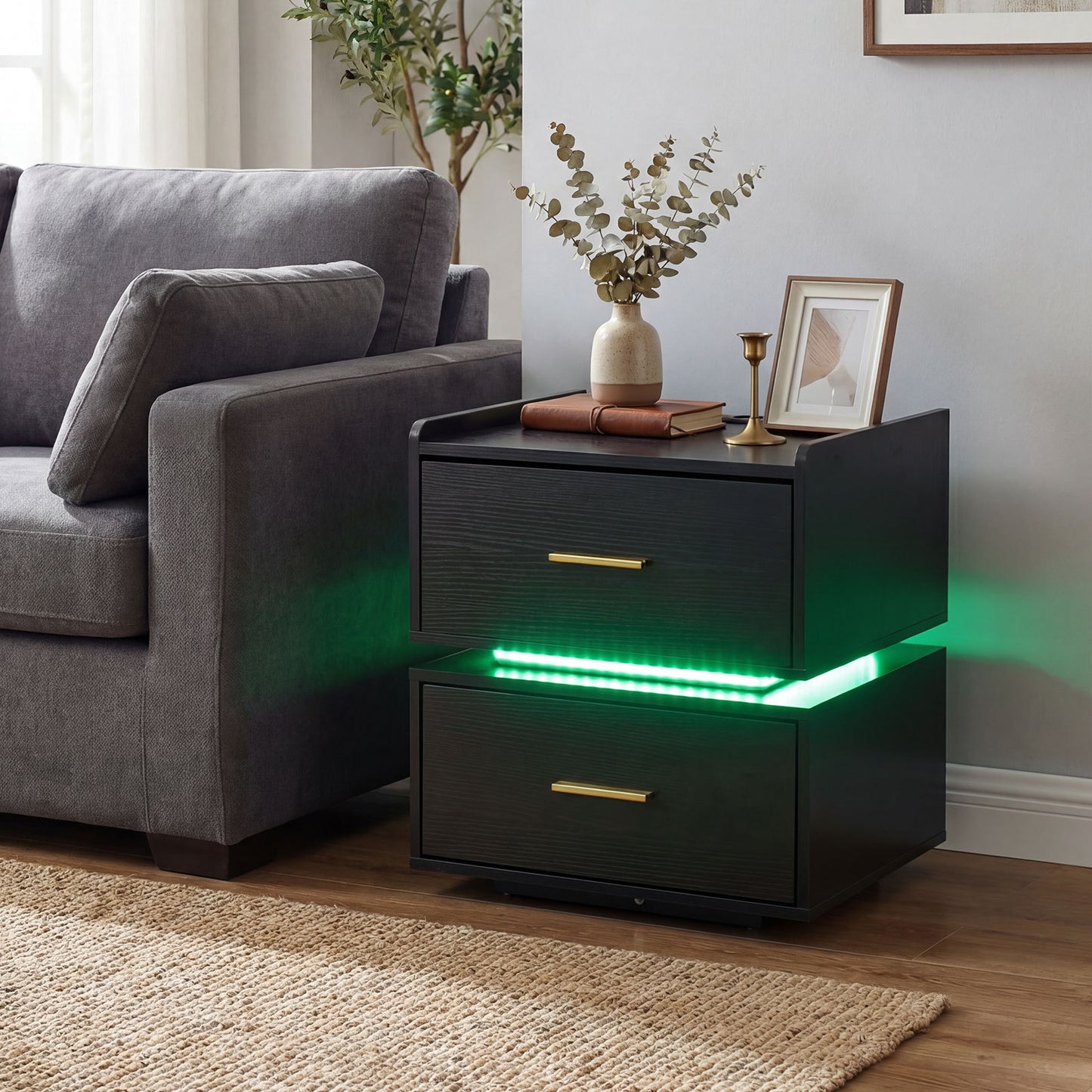 Nightstand with Charging Station and 2 Storage Drawers-Black
