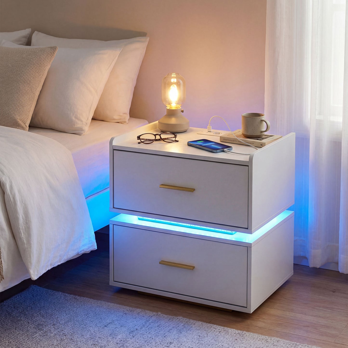 Nightstand with Charging Station and 2 Storage Drawers-Black
