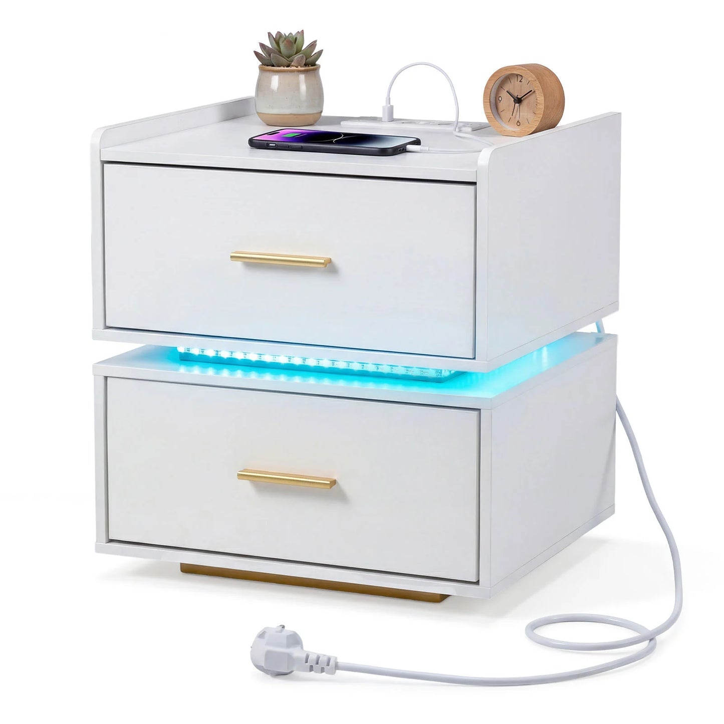 Nightstand with Charging Station and 2 Storage Drawers-Black